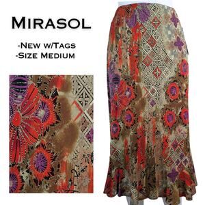 Mirasol Midi Skirt Medium Red Jungle Floral Mixed Print Flare Flounced Boho NEW